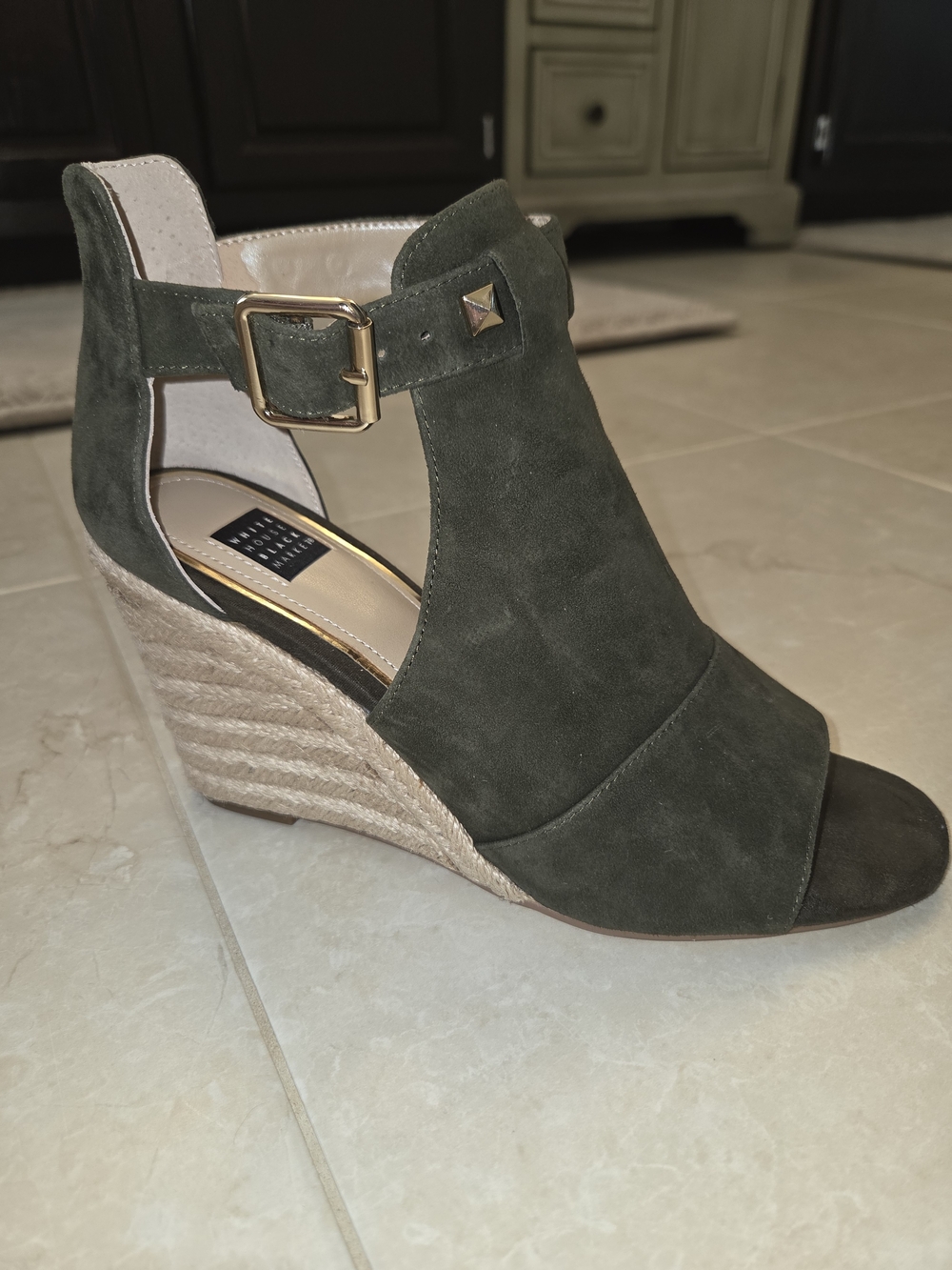 White House Black Market Olive Suede Espadrille Wedge Sandals with Buckle